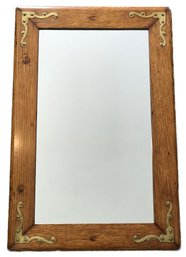 Antique Oak Framed Wall Mirror Decorative Brass Corners , 19.5' X 29'H, Wonderful Patina