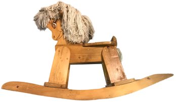 Vintage Child's Wooden Rocking Horse With Yarn Mane, 36'W