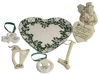 6 Pcs Porcelain - 5 Pcs Irish Tourist Souvenirs And Heart Shaped Plate With Shamrock Decoration