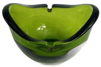 Vintage MCM Heavy Oval Green Glass Ashtray