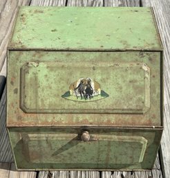 Antique Tin Bread Box In Original Green Paint & Franck Courting Scene Decal, 13' X 11.25' X 11'H