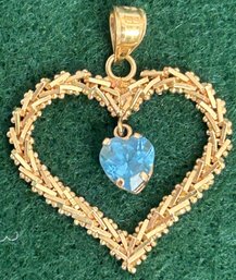 14K Marked Heart Pendant With Blue Stone, Total Weight 1.81 Dwt