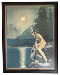 Vintage Lithograph 'The Moon Daughter' Native American Princess On Moon Struct Pond, 19' X 24.5'H