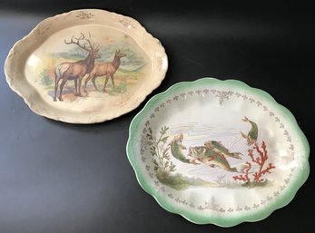 2 Pcs Antique Animal Themed Oval Serving Platters, Stag 12-5/8' X 9-1/4', Fish 13' X 10-12'
