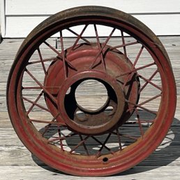 Vintage Metal Wheel Rim With Spokes In Original Red Paint, 18.5' Diam.
