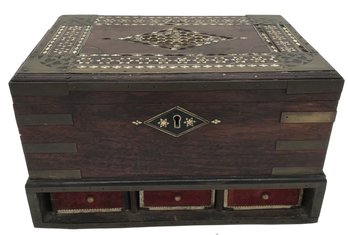 Antique Chinese Export Rosewood Brass Bound, Bone Inlaid, Arabic Design Campaign Traveling Writing Box