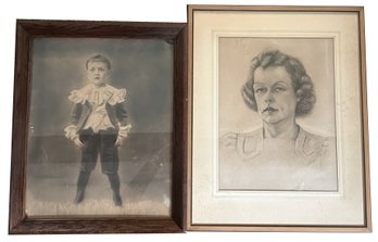 2 Pcs Framed Artwork, 2 Charcoal Or Pencil Portraits, Young Boy And Woman, 20.25' X 25.25'H