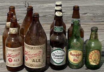 11 Pcs Vintage Brown & Green Beer Bottles, Some With Labels & Caps