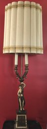 Enormous Bronze (?) Figural Table Or Floor Lamp, 6,5' Sq Base, X 48' (top Of Milk Glass Shade) X 53.5' Top Of