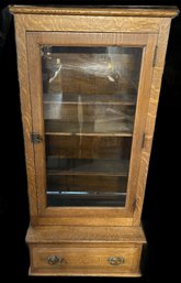 Antique Quarter Sawn Oak Single Door Bookcase With Lower Drawer, On Casters, 24.5' X 19.5' X 62.6'H
