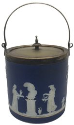 Vintage Blue Wedgwood Ice Bucket With SIlver Plated Lid And Trim, 5.25' Diam. X 6.75'H (Bail Down)