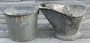 2 Pcs Vintage Galvanized Bucket & Coal Shuddle Ash Can, Largest 16' X 14' X 10.5'H To Rim