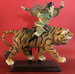 Reproduction Of Antique Chinese Architectural Roof Tile Of Warrior Riding Tiger, 14' X 6' X 14'