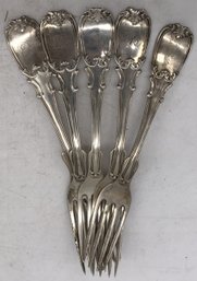 5 Pcs Antique Coin Silver (?) Dinner Forks Engraved And Maker Marked, R. & W. Wilson5 Pcs Antique Coin Silver