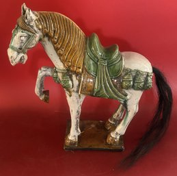 Large 20thC Chinese Clay Tang Style Horse With Horse Hair Tail, 17' X 6.5' X 17.5'H