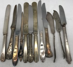 12 Pcs Vintage Silver Plate Knives, Various Makers