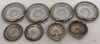 8 Pcs Vintage Silver Plate, 4 Glass Coasters Individual Candies, In Two Small Round Flat Candies