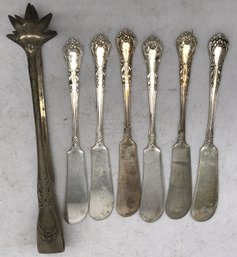 7 Pcs Vintage Butter Knives And Ice Tongs 7'L, Each Marked Nickel Silver