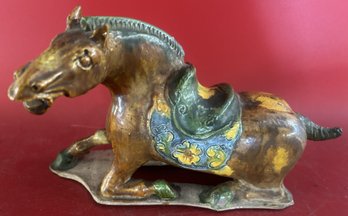 20thC Signed Earthenware Kneeling Horse With Saddle, 11' X 5.5' X 6.5'H
