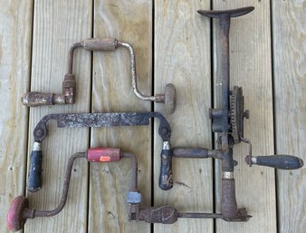 4 Pcs Vintage Hand Tools, Pull Scrapper And 3 Hand Drills, Longest