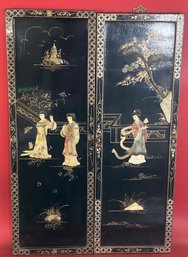 2 Pcs Black Lacquered Wall Panels With Carved Soapstone Figures, 12' X 35.5'H