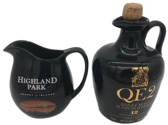 QE2 Single Malt Scotch Whiskey Jug & Highland Park Single Malt Scotch Whiskey Water Back Pitcher