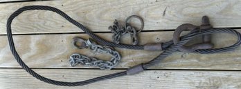 Vintage Steel Tow Rope, 82'L, Chain And Various Connectors