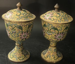 Antique Pair Round Chinese Yellow Cloisonne Footed And Lidded Jars, 4.75' Diam. X 9'H