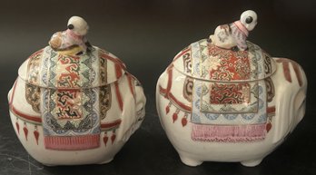 Graduated Pair Of Chinese Porcelain Lidded Jars In Form Boy & Man Riding Elephant, Largest 7' X 6.5'H
