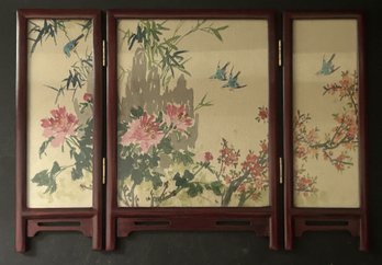 Small Table Top 4-Panel Rosewood Folding Screen With Hand Painted Paper Inserts Under Glass, 11.25' X 7.75'H