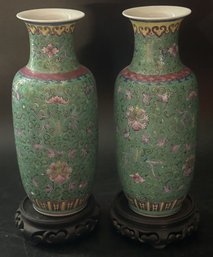 Antique Pair Chinese Turquoise Porcelain Vases On Rosewood Stands, 10'H