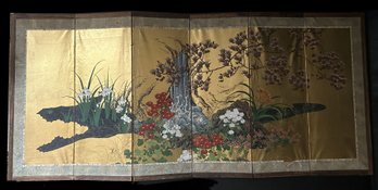 Vintage Hand Painted Chinese Paper Table Screen In Wood Stand, 31.75' X 14.25'H