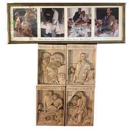 5 Pcs Vintage Norman Rockwell  Framed Print, 37' X 12.75& & 4 Matching Carved Wooded Plaques, 9.25' X 13.5' X