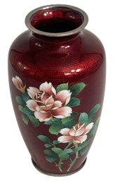 Vintage Japanese Burgundy Enameled Vase Base Stamped 'SILVER', 7.5'H