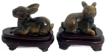 Pair Miniature Carved Tigers Eye Rabbits With Stand In Silk Brocade Boxes