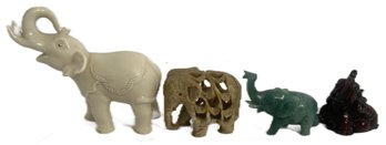 4 Pcs Vintage Asian Elephants, 3 Good Luck Trunk Up Carved Stone, Bone & Wood And Lenox Porcelain