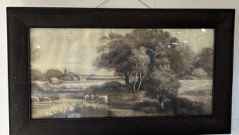 Antique Lithograph Of Cows In Field Thick Dark Oak Frame, 33.5' X 19.5'H