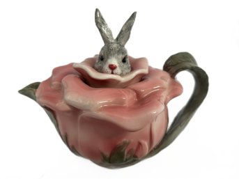Decorative Single Cup Ceramic Tea Pot With Rabbit Popping Out Of Rose, 7' X 5.5' X 5.5'H, By Cosmos