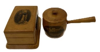2 Pcs Antique Treenware Tourist Items, Stamp Box Depicting Boulder At Flume Falls & Pot With Old Orchard Beach