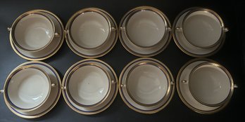 16 Pcs - 8 Sets Cold Soup & Under Plate, Old Ivory Syracuse China, Ivory Base With Cobalt Ring And Gold Double