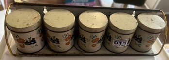 Vintage 6 Pcs 1940s Wall Hanging Tin Floral Design Spice Canisters - 12'W X 3' H