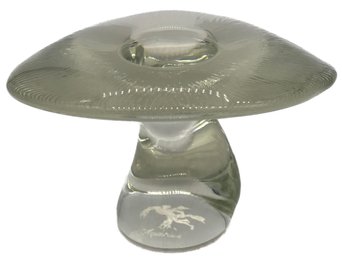 Large Glass Mushroom Paperwight Emboss With Aquarius On Bottom Of Ste, , 6' Diam. X 3.75'H