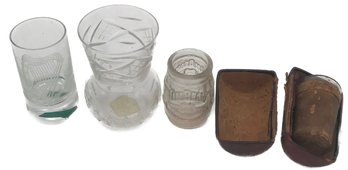 4 Pcs Lot - 3 Bar Shot Glasses (Antique Leather Wrapped In Leather Case), 1 Cut Crystal Bud Vase