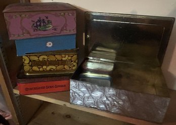 9 Pcs  Tins And 1 Painted Wooden Box With Some Sewing Notions