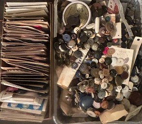 Vintage Tin Full Of Used Buttons & Box Full Of Unused And Carded Buttons, Various Sizes And Material