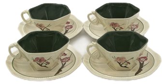 8 Pcs Vintage Redwing Pottery Plum Blossom Coffee Tea And Saucers, 4-Sets