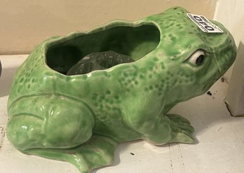 Vintage Ceramic Green Frog Planter With Clear Glass Floral Frog Inside - 9' W X 4' H