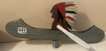 Vintage Wooden Spinner Of Indian With Headdress In Canoe (WTF?) --16' L X 7'H