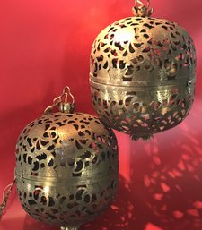 Vintage Pair Japanese Hanging Brass Cage Lamps, Chrysanthemum Design, 12' Diam. X 18'H