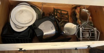 Drawer Full - George Foreman Cooker, Plates, Brass Candlestick, And Numerous Miscellaneous Items